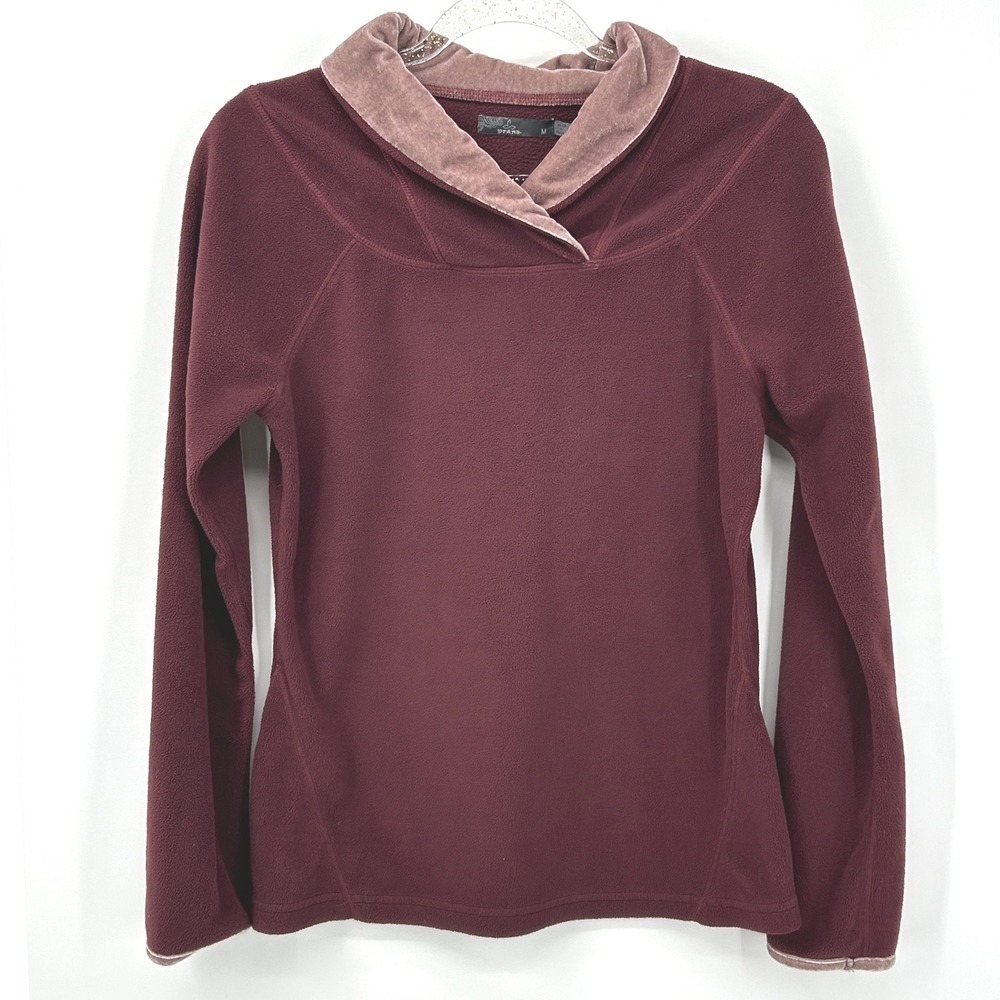 Prana Womens Burgundy Fleece Shawl Collar Velvet Trim Pullover Top Size M
